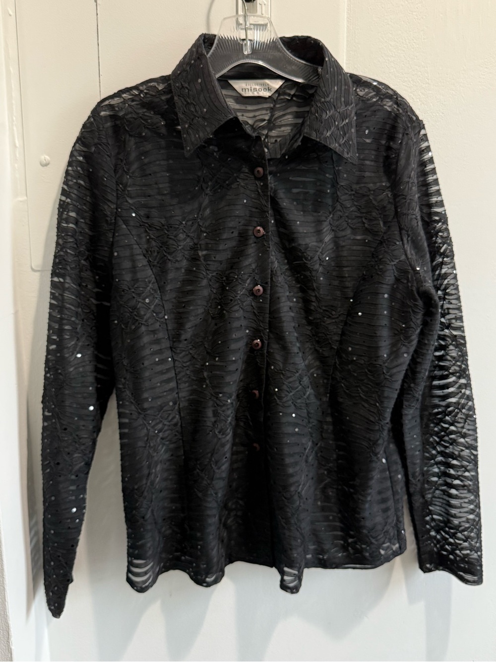 Misook Sheer Sequin Black Long-Sleeve Button Front Blouse - evening party Vegas - Picture 1 of 5